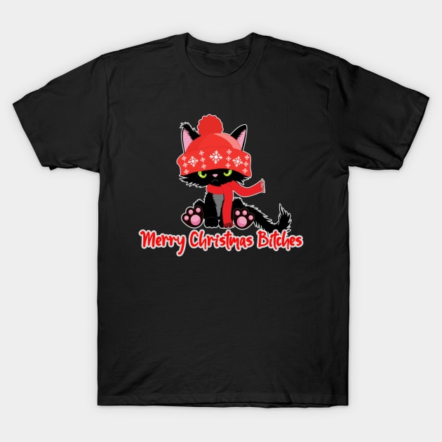 Merry Chrismas Bitches Cranky Cat T-Shirt by ThinkLMAO